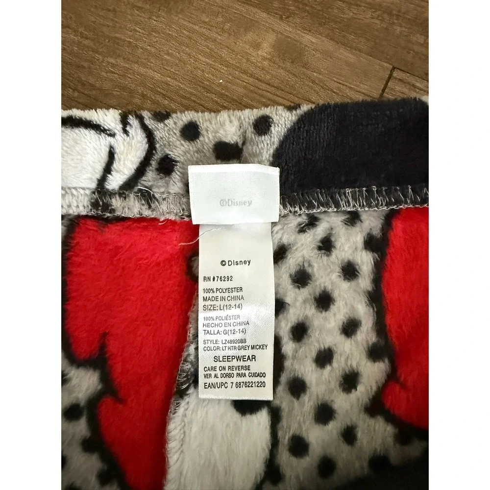 Disney Mickey Mouse Pajama Pants Plush Fleece Grey Polka Dot Kids Large 12-14